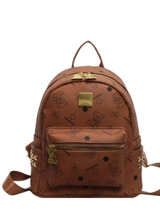 Brauner Kunstleder Rucksack mit Bärendruck, Metallnieten und süßen Bären Reißverschlüssen