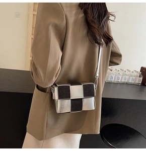 Detail of silver metallic and black woven square crossbody bag on a model back