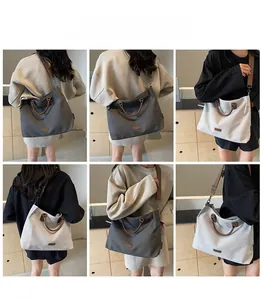 Collage of model wearing a large nylon tote bag in grey and beige with leather handles
