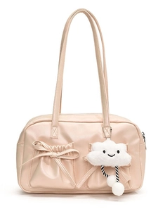 Pale pink PU leather bowling bag with bow details and a white fluffy cloud charm