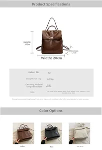 Detailed size specifications for vintage PU leather backpack with dimensions and weight info