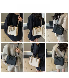 Mini-Tote-Bags mit Kontrastbesatz am Modell für Crossbody- und Handtaschen-Styling