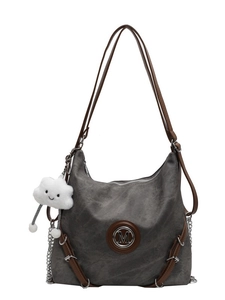Grey large capacity hobo bag with brown leather straps and silver M logo detail