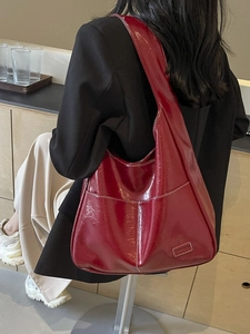 Retro deep red oversized faux leather tote bag with white contrast stitching for daily use