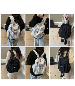 Collage of light grey and black lightweight nylon backpacks shown from multiple angles