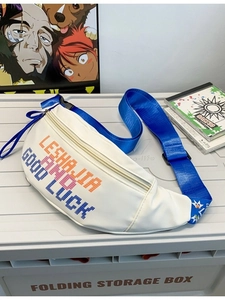 Retro street style white nylon waist bag with blue strap and pixel art graphics
