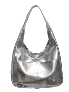 Silver metallic PU leather hobo bag with wide shoulder strap and spacious design