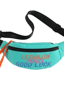 Teal sport fanny pack with colorful pixel text and orange zipper puller