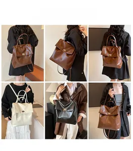 Collage of four vintage PU leather backpacks in brown, coffee, black and beige variants