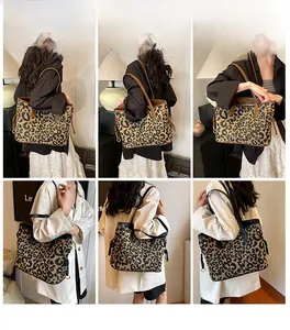 Detailed views of leopard print tote bag showing the large capacity and stylish underarm fit