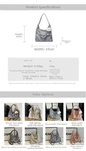 Detailed size specifications and color options for the quilted bow tote bag