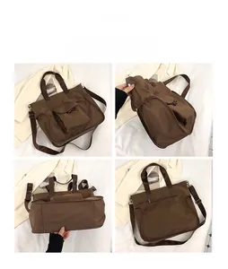 Four-angle views of a brown nylon tote bag with pocket details and shoulder strap