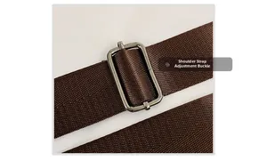 Detail of adjustable silver metal buckle on brown woven shoulder strap of nylon tote bag