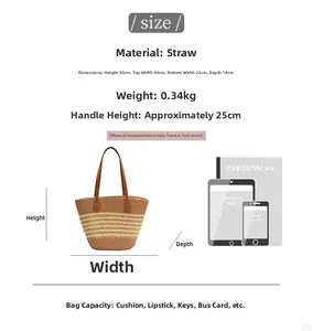 Size guide for large striped straw tote bag showing dimensions and item capacity