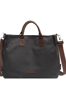 Deep grey nylon tote bag with brown leather handles and adjustable shoulder strap for daily use