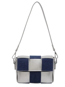 Silver metallic leather and blue denim woven checkerboard crossbody bag with strap