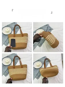 Detailed views of a large woven straw beach tote bag with cream stripes and leather handles