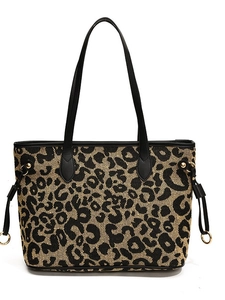 Large leopard print tote bag with black leather straps and gold metal ring details