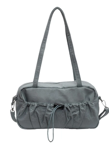 Grey pleated shoulder bag with black drawstring detail and slim straps on white background