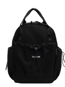 Lightweight black nylon backpack for women with drawstring pocket and side pockets