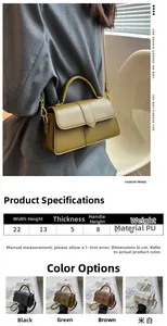 Detailed size chart for the PU leather handbag showing 22x13x5cm dimensions and color options
