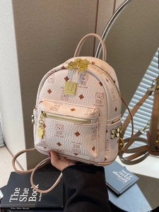 Chic beige mini backpack with cartoon bear prints and golden metal rivets for women