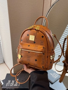 Mini brown leather backpack with cartoon bear patterns and gold studs for women