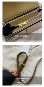 Detail view of smooth golden zipper and adjustable leather shoulder strap on crossbody bag