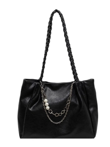 Elegant black faux leather tote bag with pleated design and pearl metal chain decoration