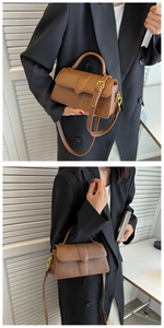 Brown leather square handbag with V-shaped buckle showing top handle and crossbody styles