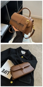 Close-up of brown leather crossbody bag featuring geometric stitching and gold hardware
