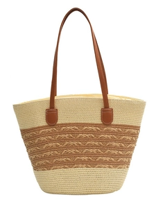 Large beige woven straw tote bag with brown leather handles and decorative textures