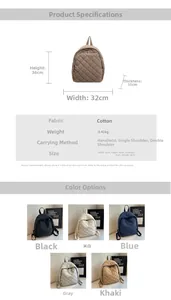 Größentabelle mit Maßen und Farben des gesteppten, leichten Baumwoll-Rucksacks