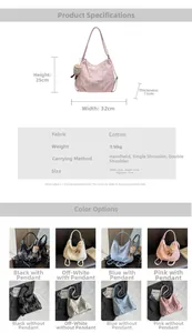 Detailed size chart and multi-color options for the versatile canvas women shoulder bag
