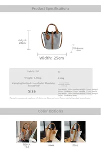 Detailed size chart and specifications for the PU leather bucket bag with dimensions
