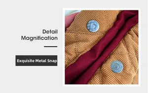 Macro view of silver magnetic snap button on yellow corduroy bag with burgundy lining