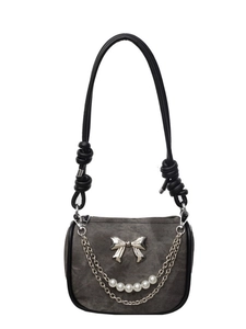 Grey cloth shoulder bag with silver bow accent, metal chains and pearl strap details