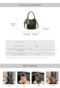 Detailed size specifications and color options for the woven texture bucket handbag