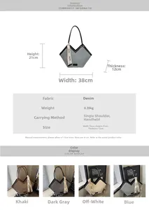 Tableau des tailles et spécifications détaillées du grand sac cabas en jean pour femme