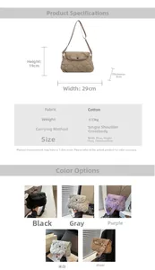 Detailed size chart and multi-color options for quilted cotton crossbody shoulder bag