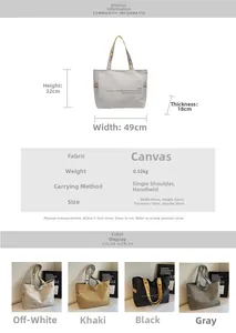 Detailed size chart and multi-color options for large capacity canvas tote bag