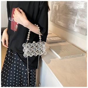 Detail of transparent acrylic bag with 3D bubble texture and silver bead chain handle