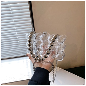 Detail of transparent acrylic beaded handbag with decorative silver metal ball handle