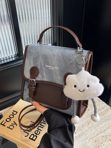 Mochila Retro Colegial de Color de Contraste para Mujer Cuero PU Denim Costura Bolso de Bandolera Con Colgante de Nube Escuela