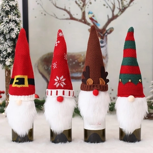 Weihnachten Gnom Weinbeutel Rentier Schneeflocke Gürtel Gestreift Gestrickte Flaschenhülle Festliche Esstisch Deko Ornament