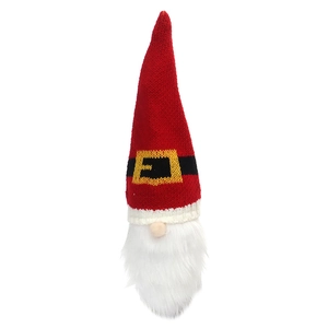 Detail der roten Weihnachtsgnom-Weinflaschenhülle mit Strickmütze und weißem Kunstpelzbart