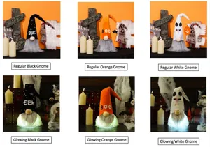 Détail de gnomes d'Halloween lumineux en orange, noir et blanc avec imprimés EEK et BOO