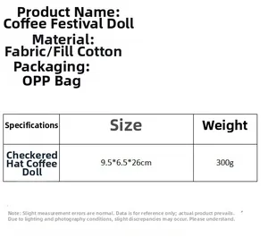 Size chart showing material and dimensions for the plaid coffee gnome doll plush decor