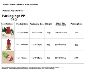 Size chart for Santa, Reindeer, and Snowman knit wine bottle covers with dimensions