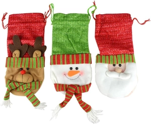 Three-piece Christmas gift bags featuring reindeer, snowman, and Santa with drawstring